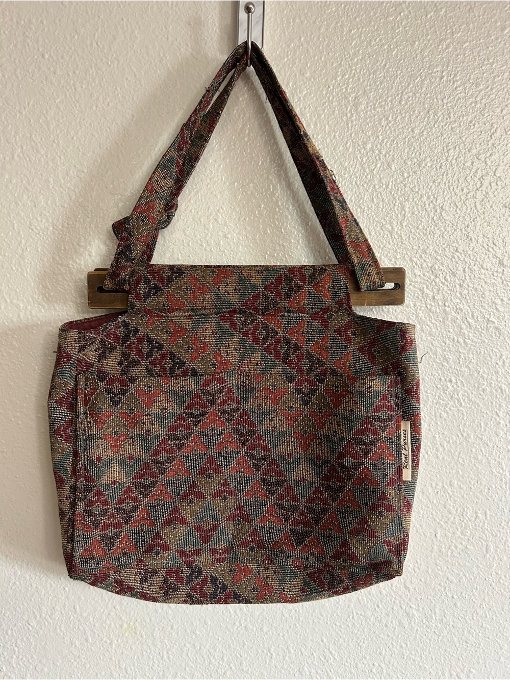 Vintage Real Purses Tapestry Wood Geometric Pattern Tote Bag